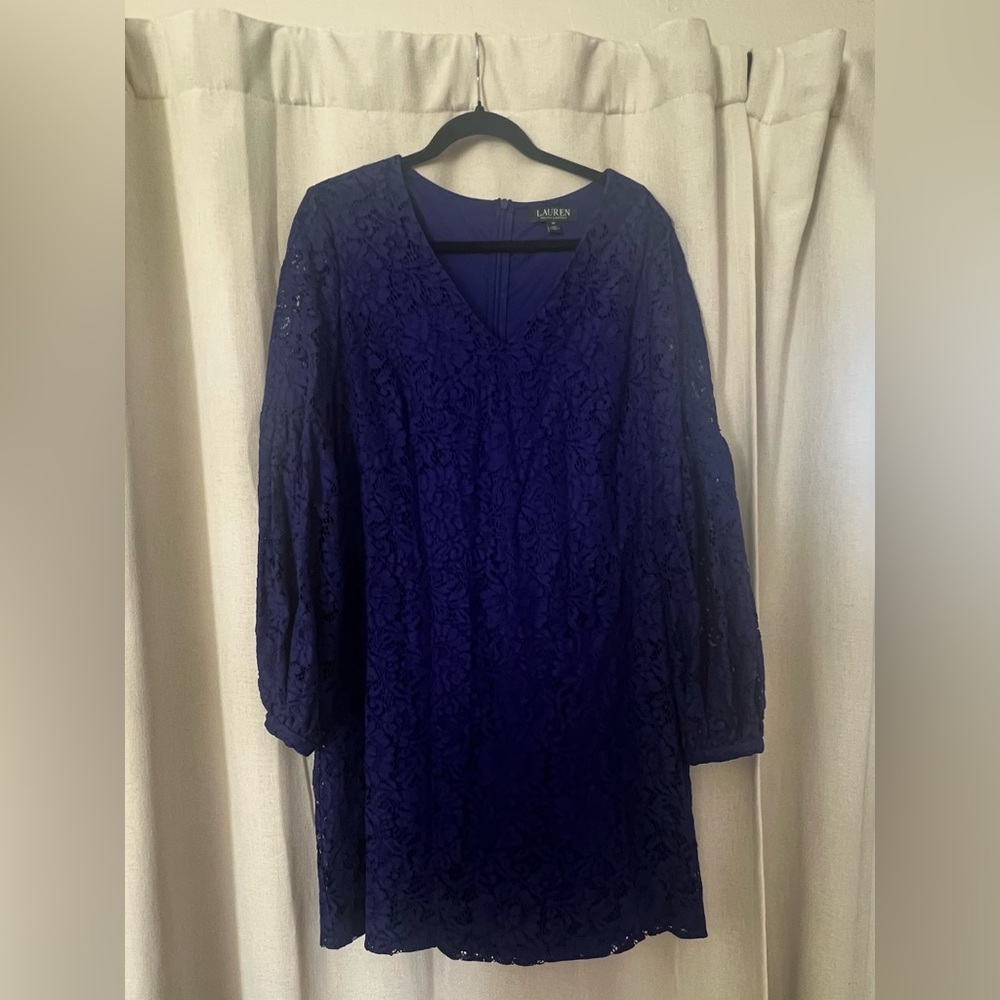 Ralph Lauren Navy Lace V-Neck Long Sleeve Dress